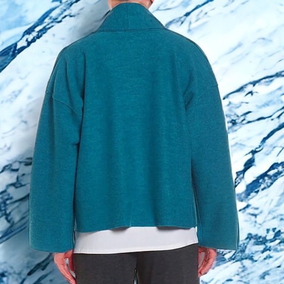 $278 Eileen Fisher Boiled Wool Kimono Sweater Small 6 8 + Pin Oversized Nile NWT - Picture 5 of 16